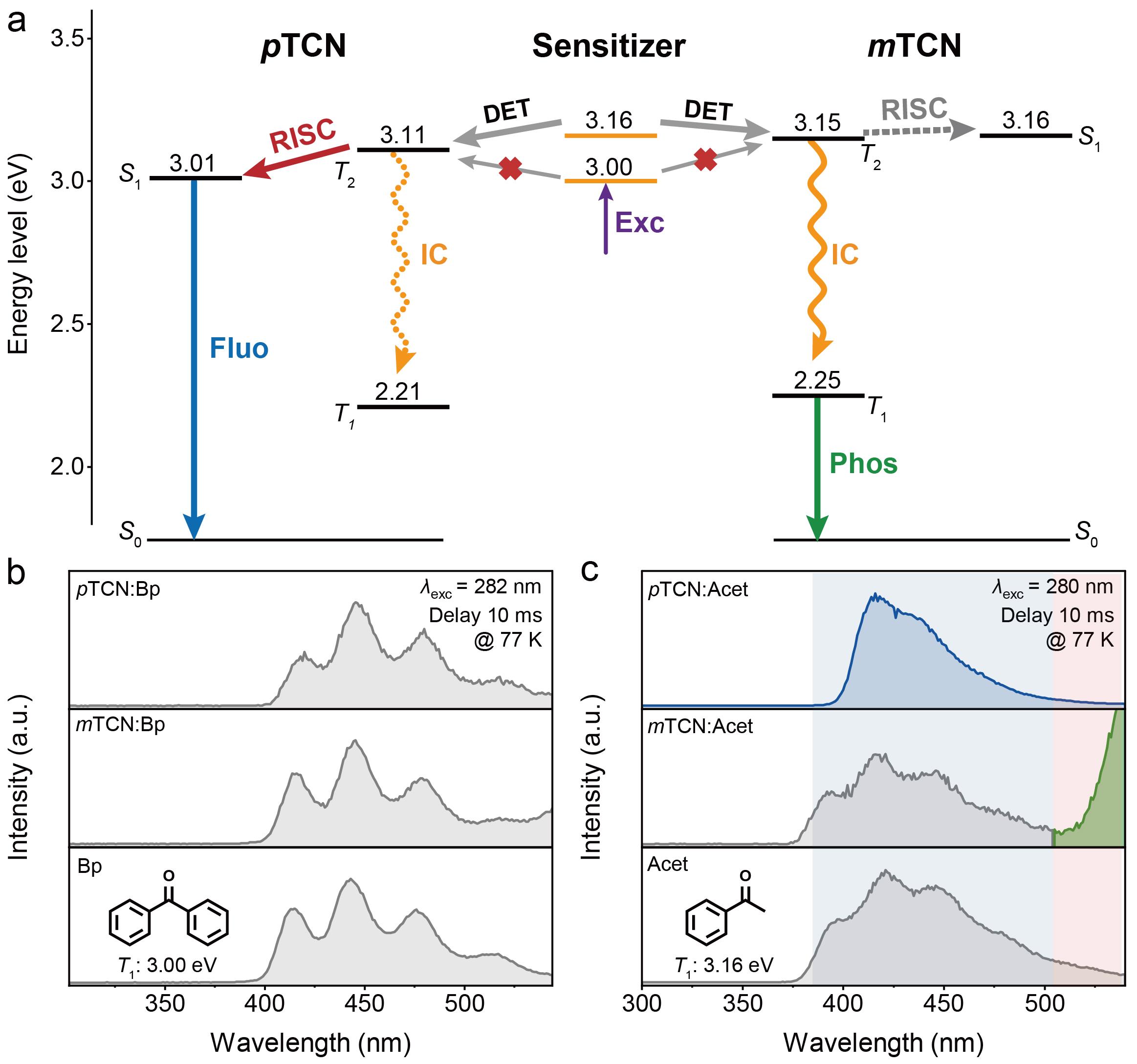 图片4：热激子hRISC机理图/三线态敏化光谱图